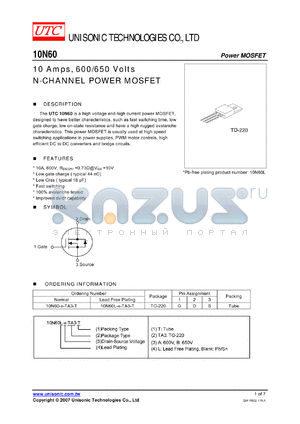 10N60-A-TA3-T datasheet - 10 Amps, 600/650 Volts N-CHANNEL POWER MOSFET