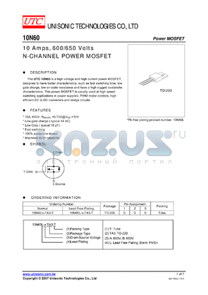 10N60-B-TA3-T datasheet - 10 Amps, 600/650 Volts N-CHANNEL POWER MOSFET