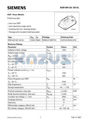 C67076-A2302-A70 datasheet - IGBT Power Module (Low Loss IGBT Low inductance single switch Including fast free- wheeling diodes)