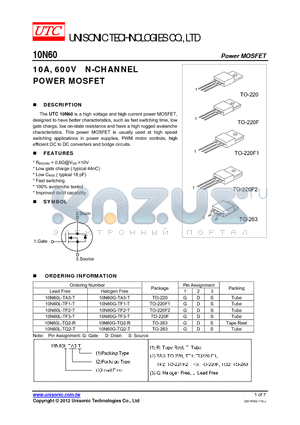 10N60G-TA3-T datasheet - 10A, 600V N-CHANNEL POWER MOSFET