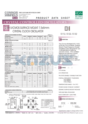 5112-050.0M datasheet - 2.5V LVCMOS SURFACE MOUNT 7.5x5mm CRYSTAL CLOCK OSCILLATOR