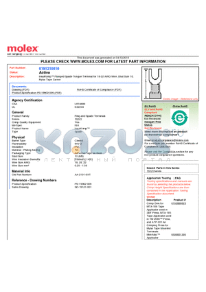 0191210010 datasheet - InsulKrimp Flanged Spade Tongue Terminal for 18-22 AWG Wire, Stud Size 10,Mylar Tape Carrier