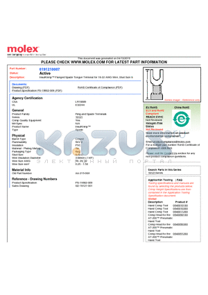 0191210007 datasheet - InsulKrimp Flanged Spade Tongue Terminal for 18-22 AWG Wire, Stud Size 8