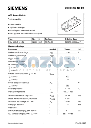 C67076-A2506-A17 datasheet - IGBT Power Module (Power module 3-phase full-bridge Including fast free-wheel diodes)