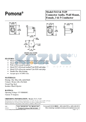 5113 datasheet - Connector Audio, Wall Mount, Female, 3 & 5 Conductor