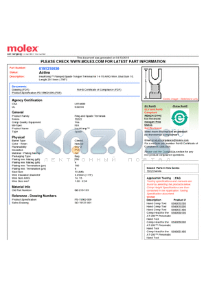 0191210030 datasheet - InsulKrimp Flanged Spade Tongue Terminal for 14-16 AWG Wire, Stud Size 10Length 20.19mm (.795