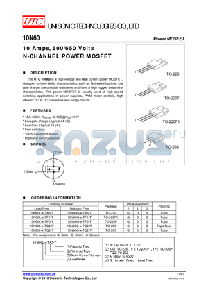 10N60G-X-TQ2-R datasheet - 10 Amps, 600/650 Volts N-CHANNEL POWER MOSFET