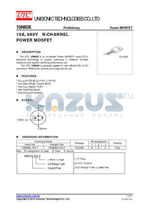 10N60K datasheet - 10A, 600V N-CHANNEL POWER MOSFET