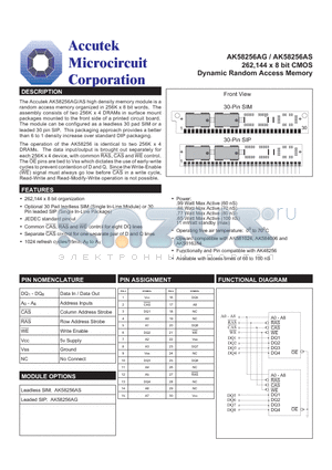 AK58256AG datasheet - 262,144 x 8 bit CMOS Dynamic Random Access Memory