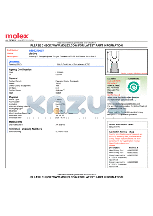 0191270007 datasheet - Avikrimp Flanged Spade Tongue Terminal for 22-18 AWG Wire, Stud Size 6