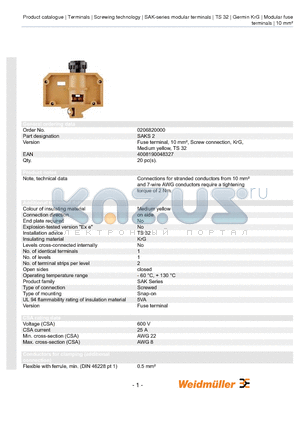 0191220000 datasheet - Fuse terminal, 10 mmb, Screw connection, KrG, Medium yellow, TS 32