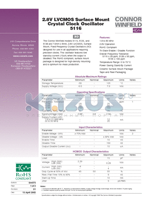 5116-77.76M datasheet - 2.8V LVCMOS Surface Mount Crystal Clock Oscillator