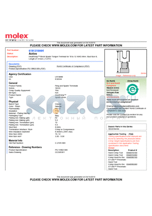 0191310004 datasheet - InsulKrimp Block Spade Tongue Terminal for 10 to 12 AWG Wire, Stud Size 8Length 27.31mm (.1.075