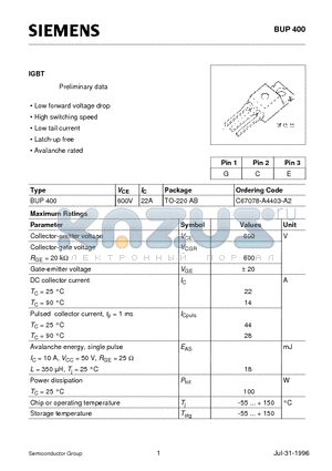 C67078-A4403-A2 datasheet - IGBT (Low forward voltage drop High switching speed Low tail current Latch-up free Avalanche rated)