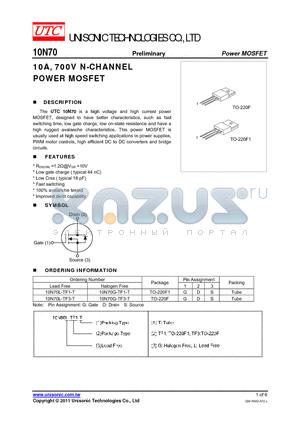 10N70G-TF3-T datasheet - 10A, 700V N-CHANNEL POWER MOSFET