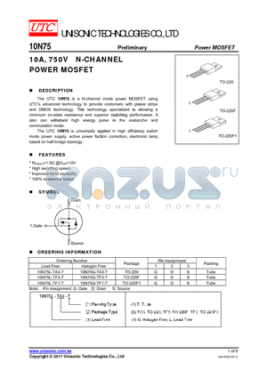 10N75G-TA3-T datasheet - 10A, 750V N-CHANNEL POWER MOSFET