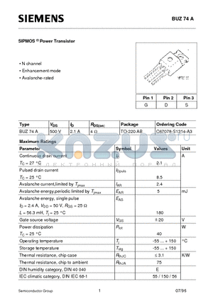C67078-S1314-A3 datasheet - SIPMOS Power Transistor (N channel Enhancement mode Avalanche-rated)