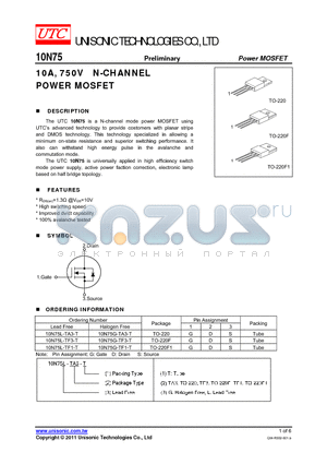 10N75G-TF1-T datasheet - 10A, 750V N-CHANNEL POWER MOSFET