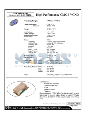 CVHD-931 datasheet - 9X14 mm SMD, 3.3V, CMOS High Performance CMOS VCXO