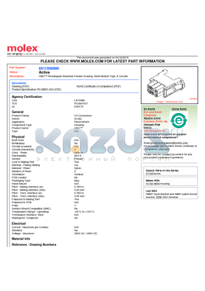 51193-0600 datasheet - HMC Rectangular Industrial Female Housing, Multi-Module Type, 6 Circuits