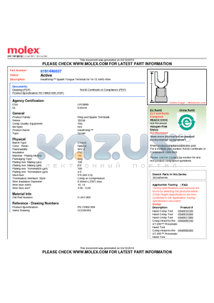 0191440037 datasheet - InsulKrimp Spade Tongue Terminal for 10-12 AWG Wire