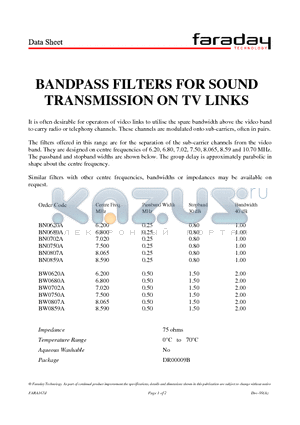 BN0807A datasheet - BANDPASS FILTERS FOR SOUND TRANSMISSION ON TV LINKS