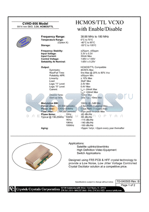 CVHD-956 datasheet - HCMOS/TTL VCXO with Enable/Disable 9X14 mm SMD, 3.3V, HCMOS/TTL
