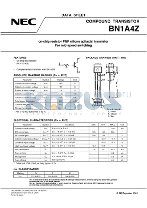 BN1A4Z datasheet - on-chip resistor PNP silicon epitaxial transistor For mid-speed switching