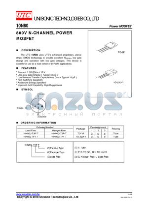 10N80G-TF1-T datasheet - 800V N-CHANNEL POWER MOSFET