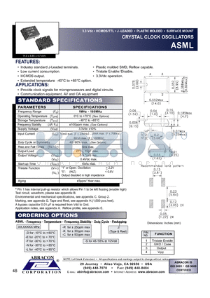 ASML datasheet - 3.3 Vdc HCMOS/TTL J-LEADED PLASTIC MOLDED SURFACE MOUNT CRYSTAL CLOCK OSCILLATORS