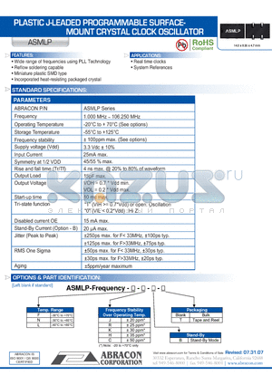 ASMLP datasheet - PLASTIC J-LEADED PROGRAMMABLE SURFACEMOUNT CRYSTAL CLOCK OSCILLATOR