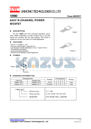 10N80L-TF1-T datasheet - 800V N-CHANNEL POWER MOSFET