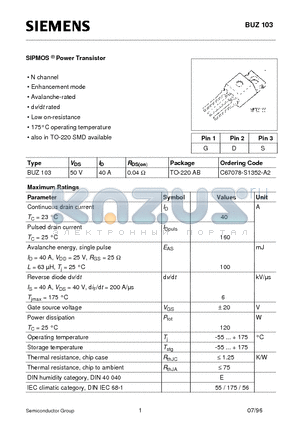 C67078-S1352-A2 datasheet - SIPMOS Power Transistor (N channel Enhancement mode Avalanche-rated d v/d t rated Low on-resistance)