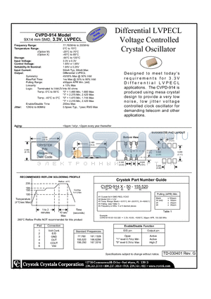 CVPD-914 datasheet - Differential LVPECL Voltage Controlled Crystal Oscillator 9X14 mm SMD, 3.3V, LVPECL