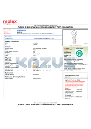 0191640004 datasheet - Perma-Seal Ring Tongue Terminal for 18-22 AWG Wire, Stud Size 1/4