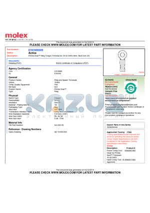 0191640005 datasheet - Perma-Seal Ring Tongue Terminal for 18-22 AWG Wire, Stud Size 3/8