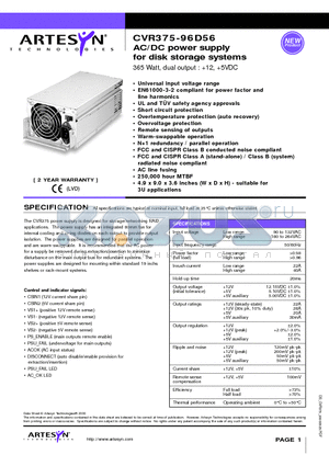 CVR375-96D56 datasheet - AC/DC power supply for disk storage systems 365 Watt, dual output : 12, 5VDC