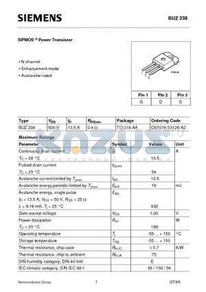 C67078-S3126-A2 datasheet - SIPMOS Power Transistor (N channel Enhancement mode Avalanche-rated)