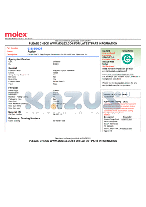 0191640034 datasheet - Perma-Seal Ring Tongue Terminal for 14-16 AWG Wire, Stud Size 10