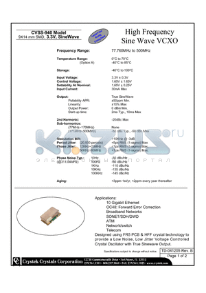 CVSS-940 datasheet - High Frequency Sine Wave VCXO 9X14 mm SMD, 3.3V, SineWave