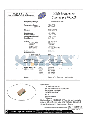 CVSS-940-155.520 datasheet - High Frequency Sine Wave VCXO 9X14 mm SMD, 3.3V, SineWave