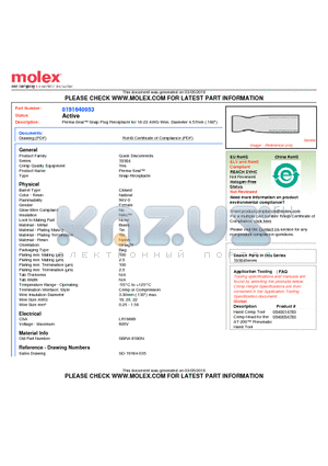 0191640053 datasheet - Perma-Seal Snap Plug Receptacle for 18-22 AWG Wire, Diameter 4.57mm (.180