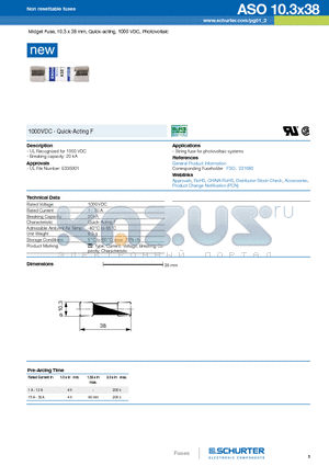 ASO10.3X38 datasheet - Midget Fuse, 10.3 x 38 mm, Quick-acting, 1000 VDC, Photovoltaic