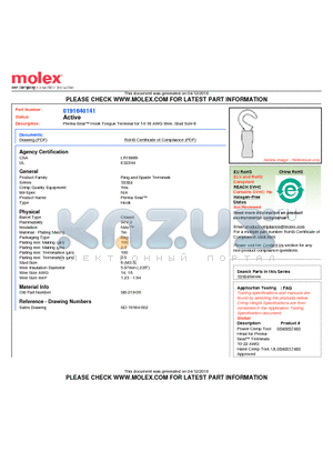 0191640141 datasheet - Perma-Seal Hook Tongue Terminal for 14-16 AWG Wire, Stud Size 6