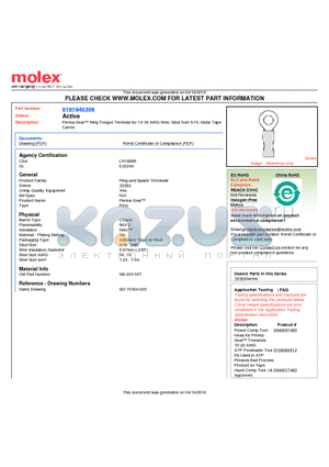 0191640309 datasheet - Perma-Seal Ring Tongue Terminal for 14-16 AWG Wire, Stud Size 5/16, Mylar TapeCarrier