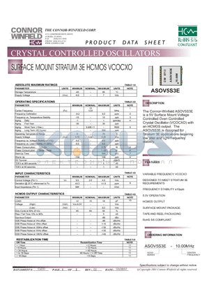 ASOV5S3E-10.00M datasheet - SURFACE MOUNT STRATUM 3E HCMOS VCOCXO