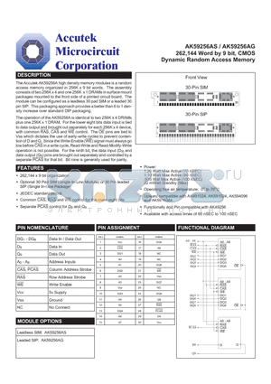 AK59256AG datasheet - 262,144 Word by 9 bit, CMOS Dynamic Random Access Memory