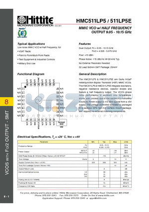511LP5E datasheet - MMIC VCO w/ HALF FREQUENCY OUTPUT 9.05 - 10.15 GHz