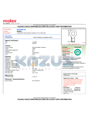 0191930116 datasheet - VersaKrimp Ring Tongue Terminal for 10-12 AWG Wire