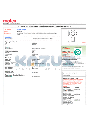 0191930148 datasheet - VersaKrimp Ring Tongue Terminal for 8 AWG Wire, Stud Size 08, Mylar TapeCarrier